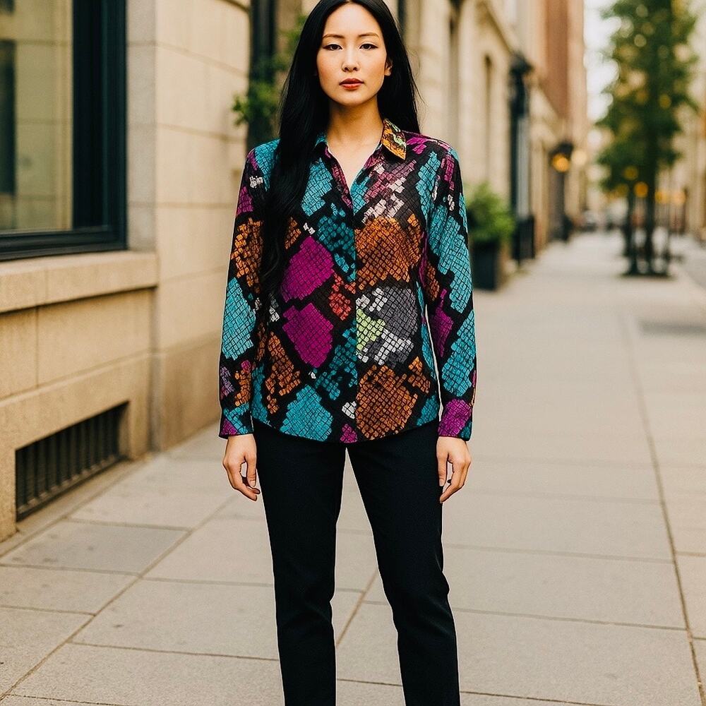 Vilagallo Multi-Color Snakeskin Print Viscose Button Down Blouse Size 38 US 8‎
